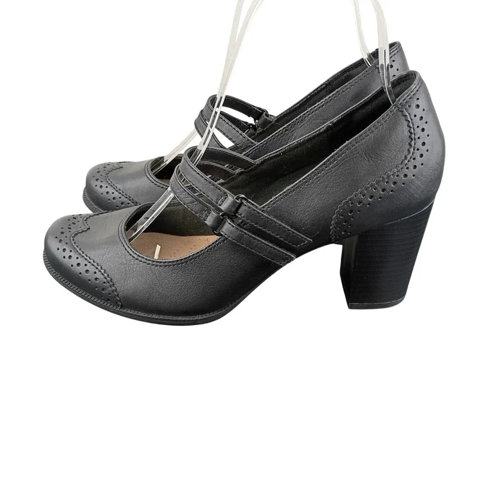 Clarks Collection Black Leather Wingtip Mary Jane Block Heel Pumps Womens 8 M